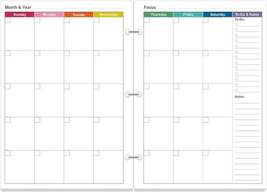 Half Letter Size Monthly Planner Refills for 3 Ring Mini Binders - 53 Sheets/106 Pages Undated Colorful Monthly Planner, 3-Hole Punched, 100 gsm White Paper, Lasts 2 Year, Undated, 5.8" x 8.3"