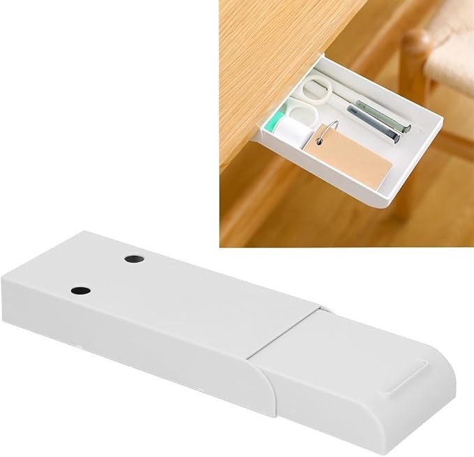 Under Desk Storage Drawer Organizer – 8.8 x 3.5 x 1.4 Inch ABS Box for Office Supplies, Adhesive Mounted Hidden Container with Handle