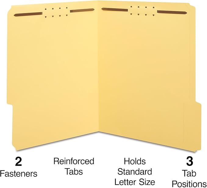 Staples Reinforced Tab Fastener Folder, Letter Size, Yellow Pressboard, Durable Construction, 50/Box