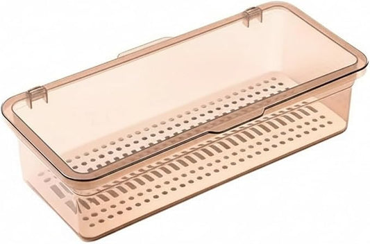 Desktop Storage Box with Sliding Lid, Clear PP Plastic Organizer for Office Supplies, Vanity Essentials, and Kitchen Countertops, Brown, 10.6 x 4.5 x 2.8 Inches