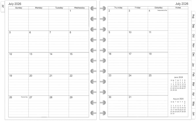 2026-2027 Monthly Planner Refill, Jul 2026 to Jun 2027, Two Pages Per Month, Letter Size, 8-1/2" x 11",11-Discbound,2026-2027 Planner Inserts