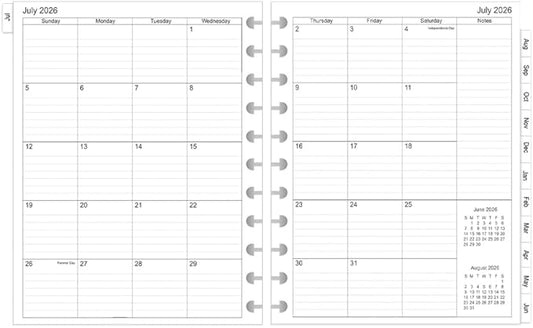 2026-2027 Monthly Planner Refill, Jul 2026 to Jun 2027, Two Pages Per Month, Letter Size, 8-1/2" x 11",11-Discbound,2026-2027 Planner Inserts
