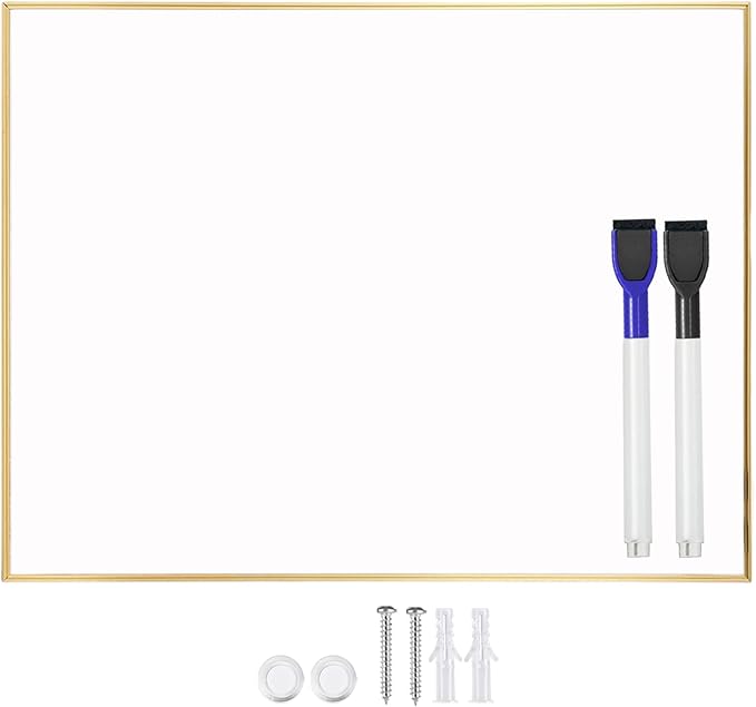 Dry Erase White Board, 13"x 17" Gold Aluminum Frame Magnetic Whiteboard for Wall Office,School,Home, Hanging Board for Decoration,Planning,Kitchen Grocery List,Drawing,Memo（BB-Gold-3343+1）