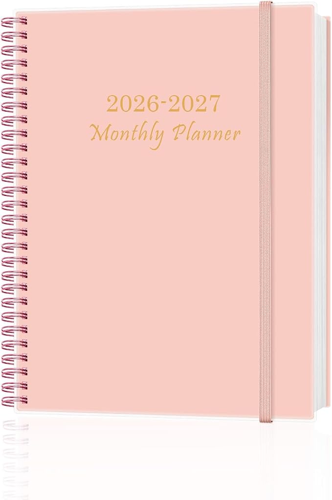 Monthly Planner 2026-2027 – Monthly Calendar from July 2026 to December 2027, 18 Month Planner with Spiral Binding, Inner Pocket, Elastic Closure, 8.5" x 11", Pink