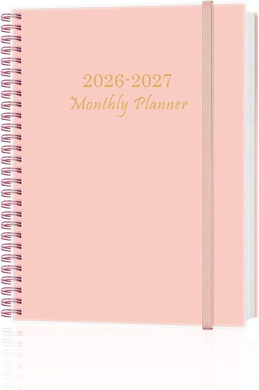 Monthly Planner 2026-2027 – Monthly Calendar from July 2026 to December 2027, 18 Month Planner with Spiral Binding, Inner Pocket, Elastic Closure, 8.5" x 11", Pink