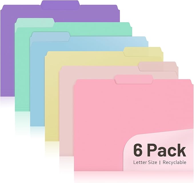 Comix Plastic Colored File Folders, 6 Pack, 1/3-Cut Tabs, Letter Size 8.5x11, 6 Pastel Colors, Poly Folders for Documents, Office, Home, School Organization