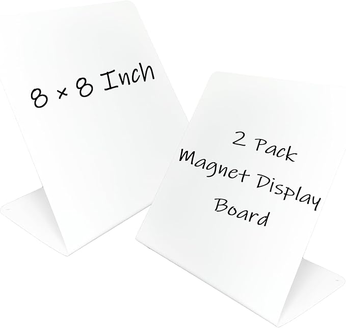 2 Pack Metal White Magnet Display Board, 8" × 8" Anti-Slip Magnetic Bulletin Board Tabletop Memo Craft Photo Display Stand Small Business Supplies for Home Office Vendor Booth Events Store Classroom