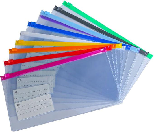 10 Pack Plastic Envelopes Pencil Pouch,Clear Pencil Bags with Zipper,10 Colors with Label Reusable Pencil Pouches for Office Supplies (A-Multicolor)
