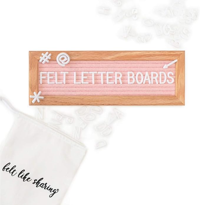 Felt Like Sharing Small Letter Board (Light Pink Felt - 10”x3.5”) – Changeable Message Board with 3 Sets of Felt Board Letters for Home & Aesthetic Room Decor – Wall Letterboard Signs In Oak Frame