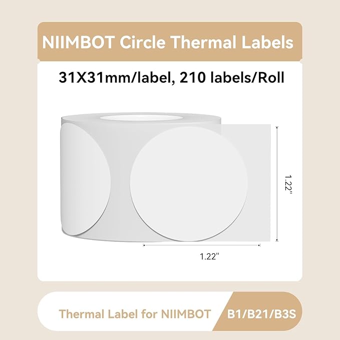 NIIMBOT Labels for B21/B1/B2 Label Printer, Thermal Stickers 1.22'' x 1.22''(31x31mm), Waterproof, Oil-Proof Label Tape, 1 Roll of 210 Round Sticker Labels