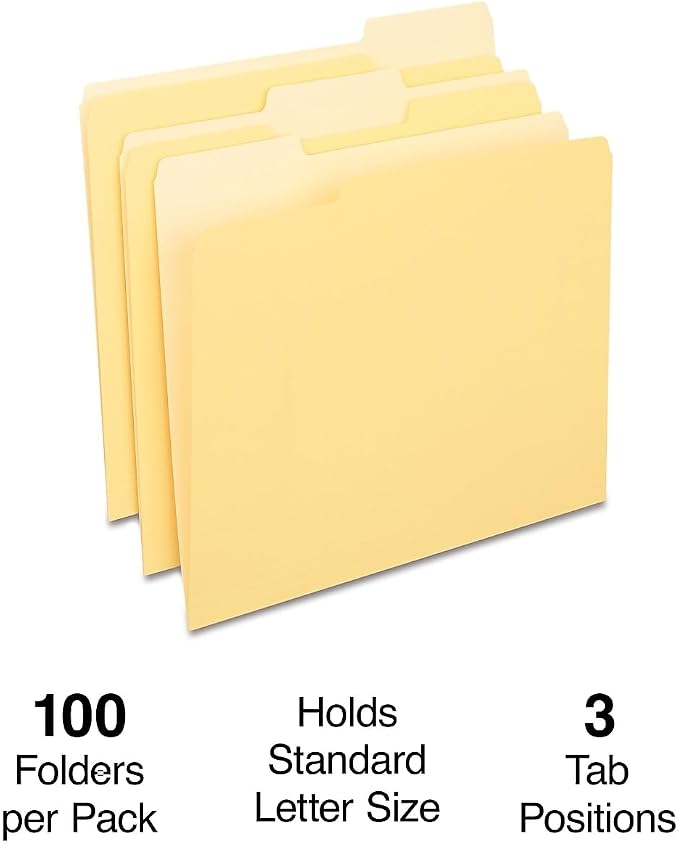 Staples File Folders, Letter Size, 1/3‑Cut Tabs, Assorted Positions, Yellow, Durable Paper Stock, 100/Pack
