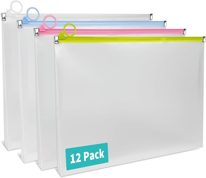 Binditek 12 Pack Clear Plastic Zip Envelopes, Heavy Duty, 9 x 12 Inch Expanding File Pouches, Multicolor Document Holders for Office and School Use