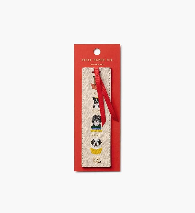 RIFLE PAPER CO. Studious Dogs Bookmark 6" L x 1.75" W, Saffiano PU with a Grosgrain Ribbon, Metallic Gold Foil Logo, Perfect for Book Lovers, Writers, & Readers