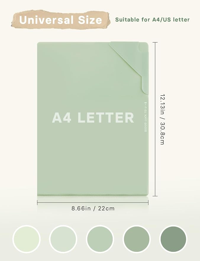 Plastic Folders Sleeves, Gradient Colors Plastic Project Pockets for Paper 11.9 × 8.5 Inches, Transparent Document Folders for School and Office Supplies (5 Pcs, Green)