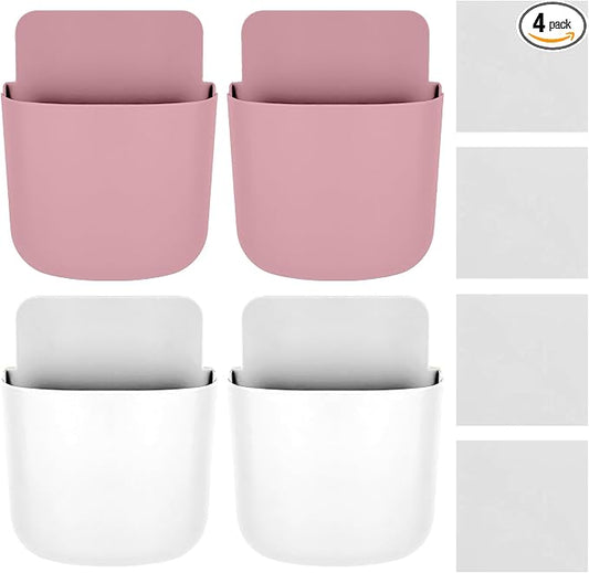 4 Pcs Remote Control Holder Wall Mount,Self Adhesive Remote Holder,Hole-Free Wall Pen Holder Storage Accessories for Home Office School (Pink/White)