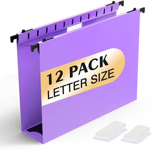 Shutex Extra Capacity Plastic Hanging File Folders,12 Pack Reinforced Hang Folders,Heavy Duty 2 Inch Expansion,Plastic Filing Cabinet Folders,Letter Size,Designed for Bulk Files, Medical Charts,Purple