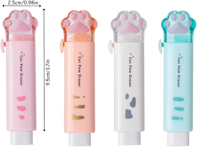 4 Pcs Cat Paw Retractable Erasers, Cute Cat Rubber for Kids, Push-Pull Rubber Eraser for Students Writing Office School Supplies