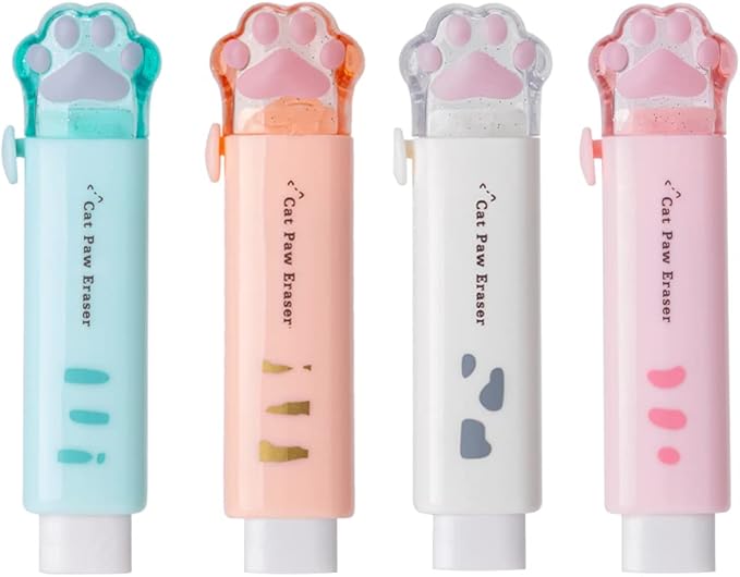 4 Pcs Cat Paw Retractable Erasers, Cute Cat Rubber for Kids, Push-Pull Rubber Eraser for Students Writing Office School Supplies
