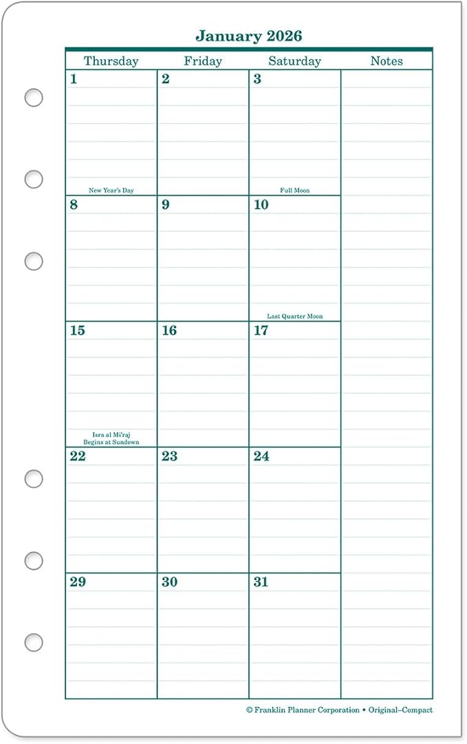 FranklinCovey - Original Two Page Monthly Calendar Tabs for Ring-Bound FranklinCovey Planners (Compact, Jan 2026 - Dec 2026)
