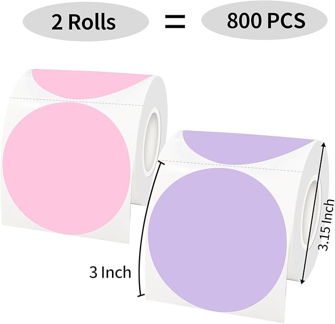 STARLIBOO Thermal Labels 3 inch, 800 Labels Round Thermal Printer Labels, Circle Direct Thermal Stickers for DIY Logo Design, Compatible with Rollo&MUNBYN (2Rolls/ Pink and Purple)