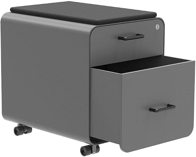Monoprice Round Corner 2-Drawer File Cabinet - Gray, Lockable with Seat Cushion - Workstream Collection (137882), Grey