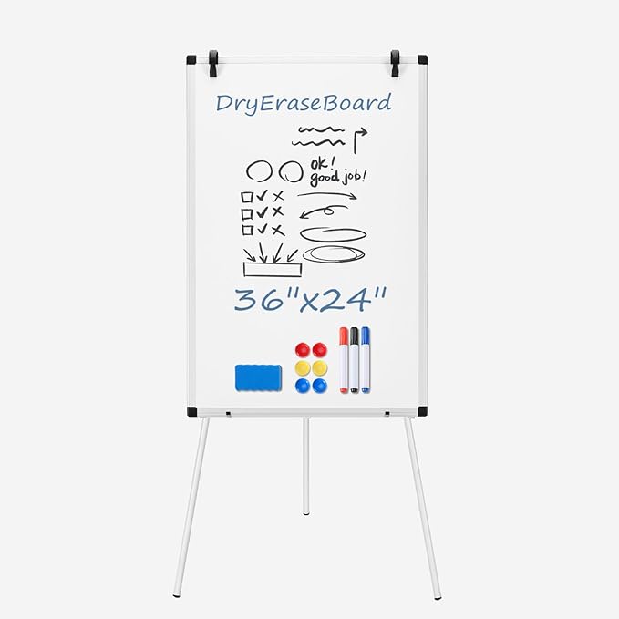 DUMOS Whiteboard Easel 36 x 24 Inches, Magnetic White Board Dry Erase, Porbable Boards Height Adjustable, Dry Erase Board with Stand for School, Office and Home, Silver Aluminium Frame, White