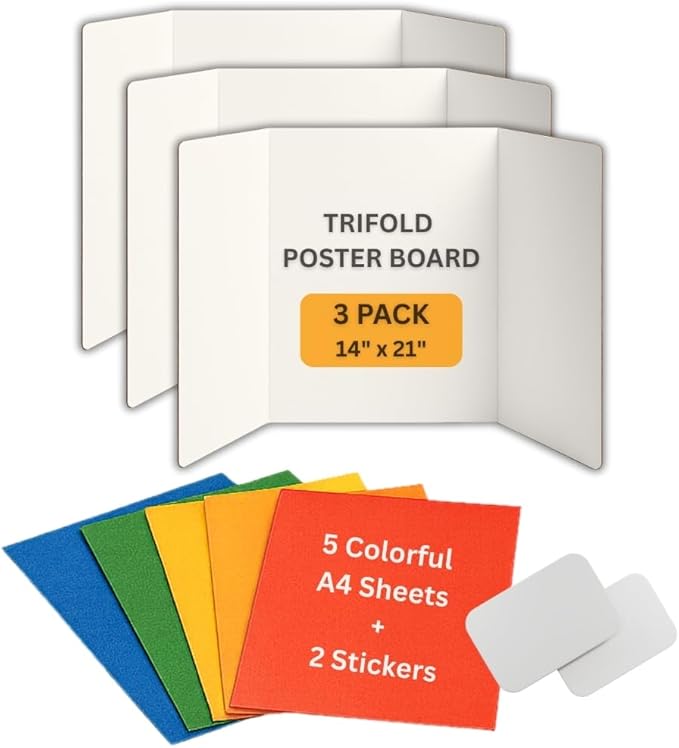 Trifold Poster Board 14"x21" 3 Pack Corrugated Display Board with Bonus 5 Colored A4 Sheets & Label, White Front Kraft Back Perfect for School Projects, Business Presentations, Science Fairs (White)