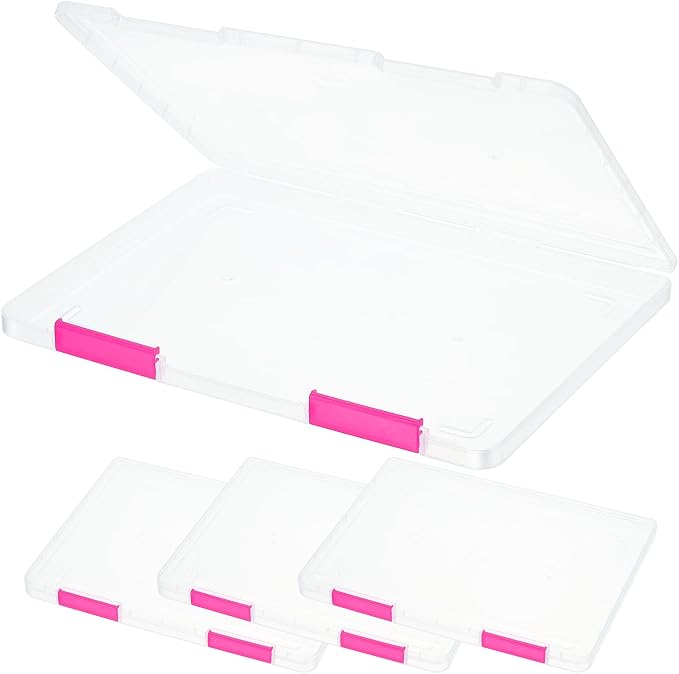 PATIKIL Clear A4 File Portable Project Case with Buckle Plastic Storage Box for 8.5" x 11" Letter Paper Scrapbook Paper Storage Boxes, 4Pcs, 12.2"x9.1"x0.8", Dark Pink