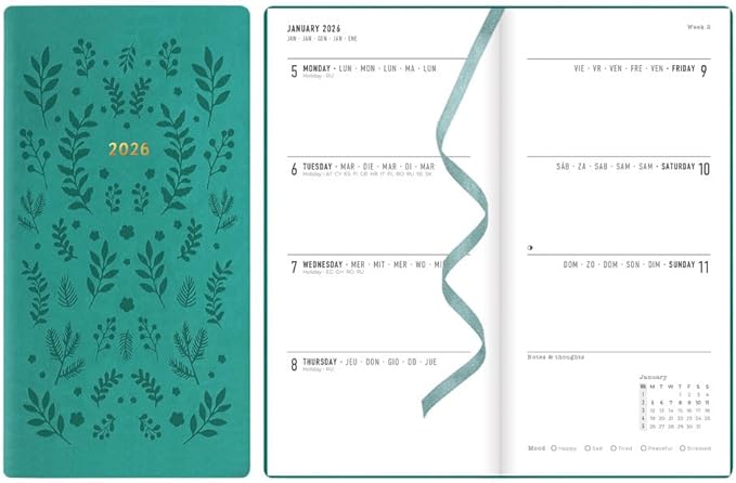 Letts of London® 2026 Woodland Weekly/Monthly Planner, 12 Months, January to December, Slim Pocket Size, 6.625" x 3.25", Sewn Binding, Embossed Cover, Multilingual, Green (C082545-26)