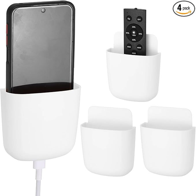 PATIKIL 4Pcs Remote Control Holder Wall Mount, Self-Adhesive TV Air Conditioner Control Holder Phone Charging Organizer for Home Office Bedroom Supply Pen Organizer, White
