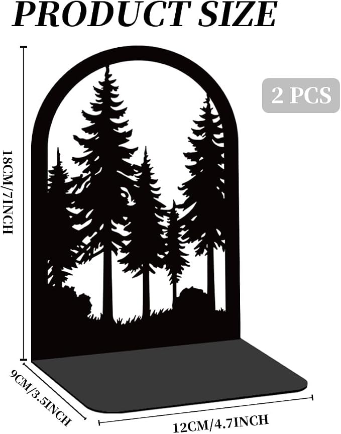 Forest Book Shelf Decorative Bookends for Shelves, Book Ends for Heavy Books, Black Pine Tree Metal Bookends for Desk Organizer, Office Library Decor Decorative Books for Home Decor