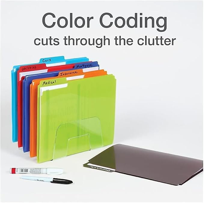 Oxford Poly File Folders, 6 Pack of Plastic File Folders, 1/3 Cut Tabs, for Letter Size Papers, Blue, Red, Orange, Light Blue, Green, Black (52004)