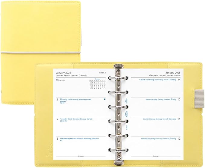 Filofax Domino Soft Organizer, Pocket Size, Lemon -Smooth, Leather-Look, Grain Effect, Tactile, Six Rings, Week-to-View Calendar Diary, Multilingual, 2025 (C022610-25)