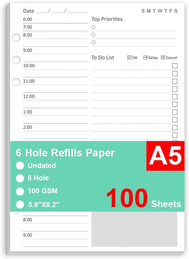Undated Daily Planner Refill - A5 Planner Inserts, 100 Sheets/200 Pages, 6 Hole Refills Paper, Planners Refills for Filofax, College Ruled, 5.8 X 8.26 Inch, 6-Hole Punched, 100gsm
