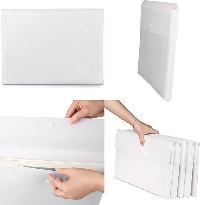 VANRA Expanding Poly File Jacket Filing Envelope File Folder Pockets Document Holder Organizer A4 Letter Size with Snap Button (White, Pack of 5)