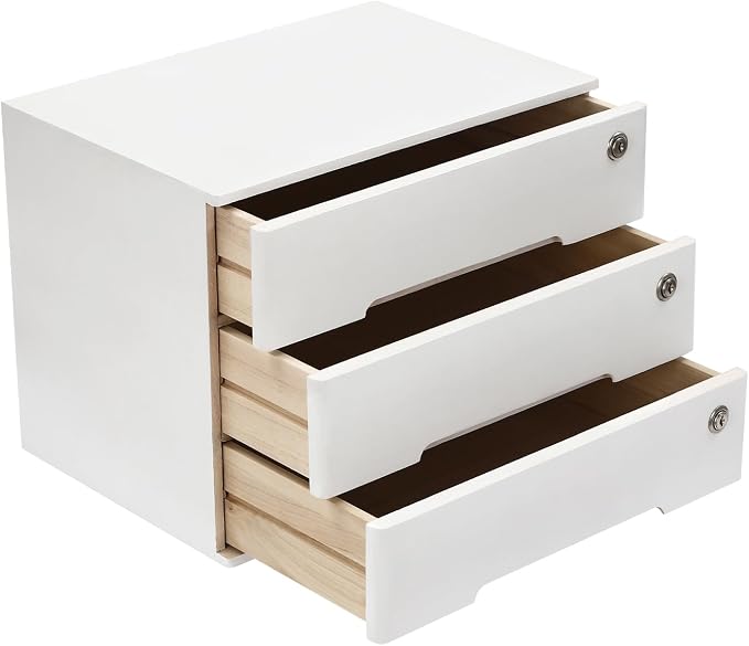 Desktop Wooden Storage Organizer, 3-Drawers Desk Storage Box With Lock, Night Stand Table Organizer, Stackable Wooden Tool Box for Home Office, No Assembly Required