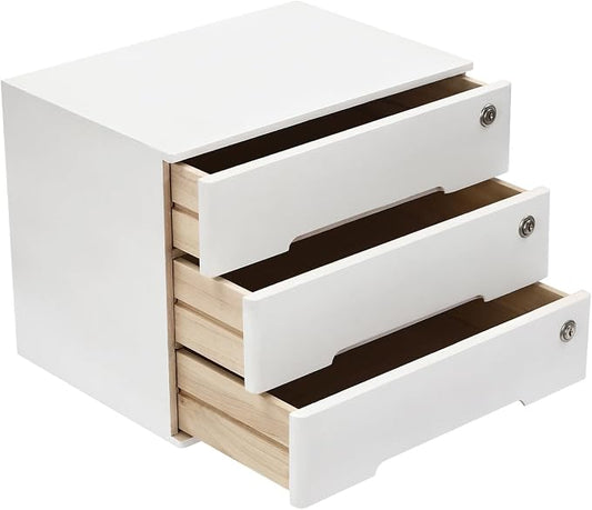 Desktop Wooden Storage Organizer, 3-Drawers Desk Storage Box With Lock, Night Stand Table Organizer, Stackable Wooden Tool Box for Home Office, No Assembly Required
