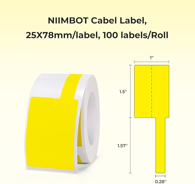 NIIMBOT Cable Label for B1/B21/B3S/K3 Label Printer, Waterproof, Oil-Proof Cable Tags(1'' x 3''),1 Roll of 100 Thermal Sticker Labels (Yellow)