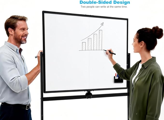 A AIRLLEN Rolling Whiteboard - 48x32 Double Sided Magnetic Dry Erase Board with One-Click Flip Button, Mobile Standing White Board for Teaching, Brainstorming & Office Presentations