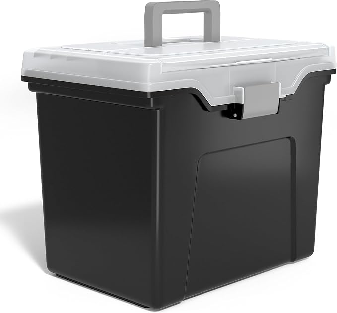 STAPLES File Folder Tote, Portable Filing Box for Letter SIze Hanging Folders, Security Latch & Built-In Lid Organizer, Black/Clear