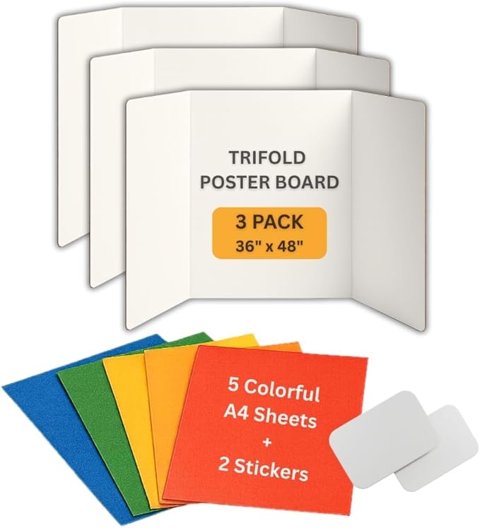 Trifold Poster Board 36"x48" 3 Pack Corrugated Display Board with Bonus 5 Colored A4 Sheets & Label, White Front Kraft Back Perfect for School Projects, Business Presentations, Science Fairs (White)