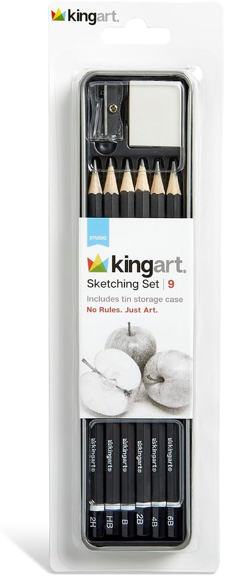 KINGART 9-Piece Essential Sketching & Drawing Pencil Set with Metal Storage Tin – Includes 6 Graphite Pencils (2H to 6B), Sharpener, and Eraser
