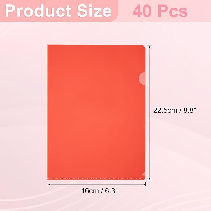 PATIKIL A5 Plastic Folders, 40 Pack Clear Folders L Type Project Pockets Paper Document Jacket Sleeves L Shaped Transparent for Documents Plastic Office File, 6.3x8.8in, Red