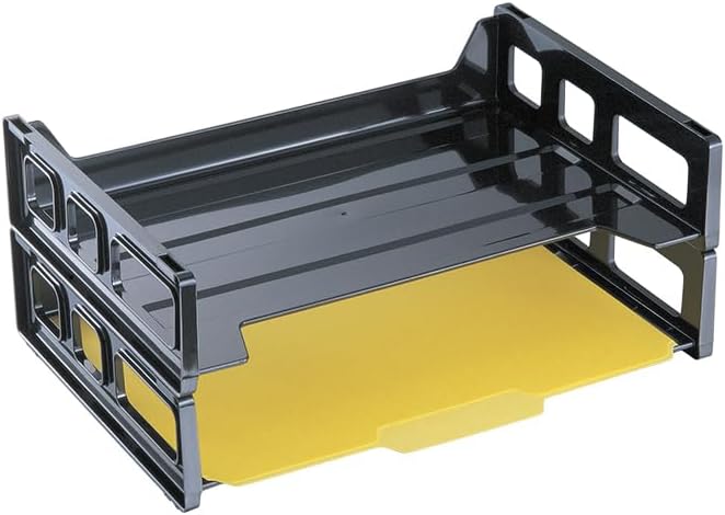 Stackable Desk Tray Organizer Black - Plastic Paper Tray for Letter Size Documents, Desktop File Organizer with 2 Sections, Home, Office, School Desk Paper Organizer - Pack of 2