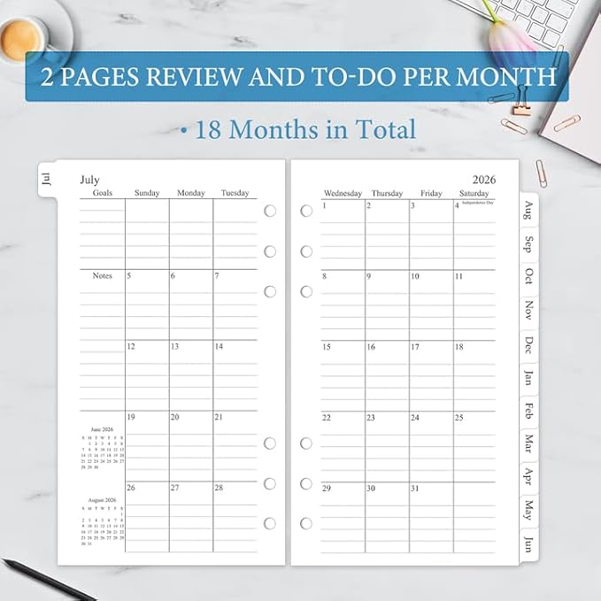 2026-2027 Monthly Planner Refill, A6 Small Size Planner Inserts for 6 Ring, 3.8"x6.8", Jul. 2026 - Dec. 2027, 18 Monthly Calendars with Laminated Tabs, 6-Hole Punched