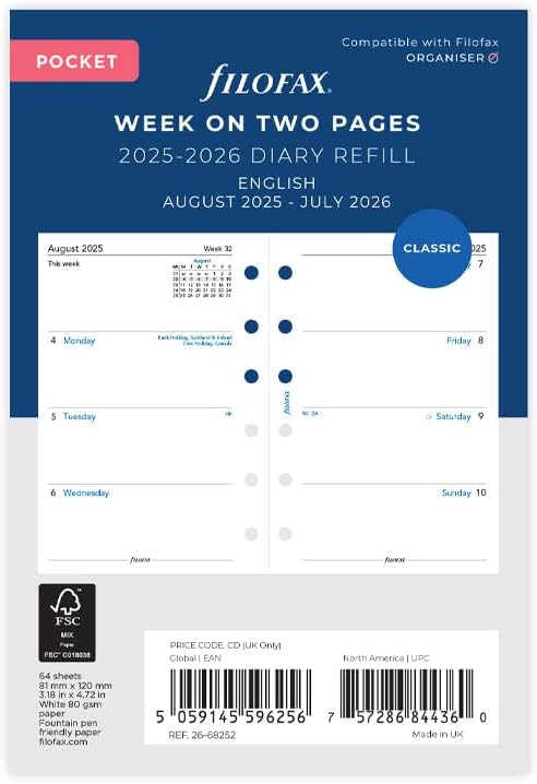 Filofax Calendar Diary Refill, Pocket Size, Week-to-View, Academic, White Paper, Unruled, English, August 2025 to July 2026 (C68252-26)