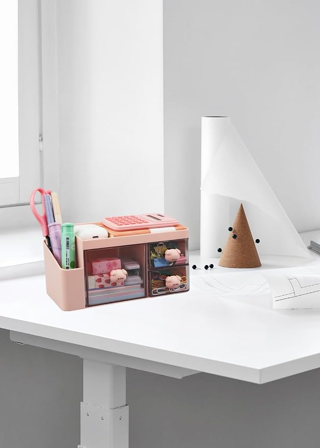 Desk Organizer with Pencil Holder and 3 Drawers, Desk Accessories Holder for Desk,Desktop Stationery Organizer for Office Home School Dressing Table(Small Pig Handle)