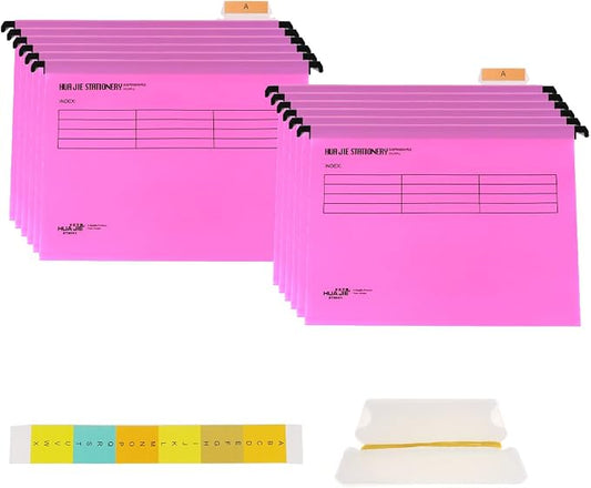 12 Pcs Hanging File Folders with Tabs and Card Inserts,A4 Suspension Files for Filing Cabinets, Waterproof Suspension Files Holder with Adjustable Tab Design for Home Office School (Pink)
