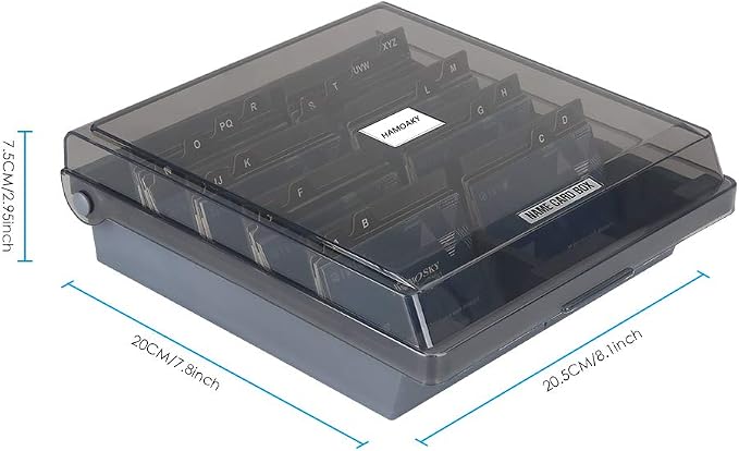 Business Card Storage Box 1000 Cards, 8 Dividers and A-Z Guides - Grey