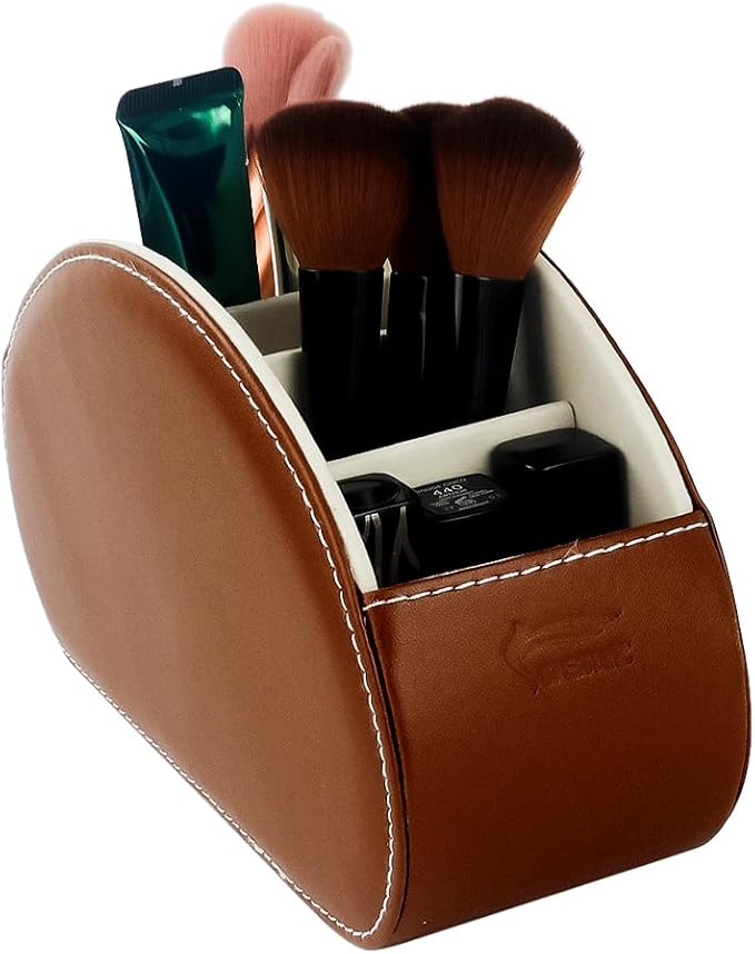 Remote Control Holder Organizer - Table Desk Leather Storage with 5 Spacious Compartments (Brown)
